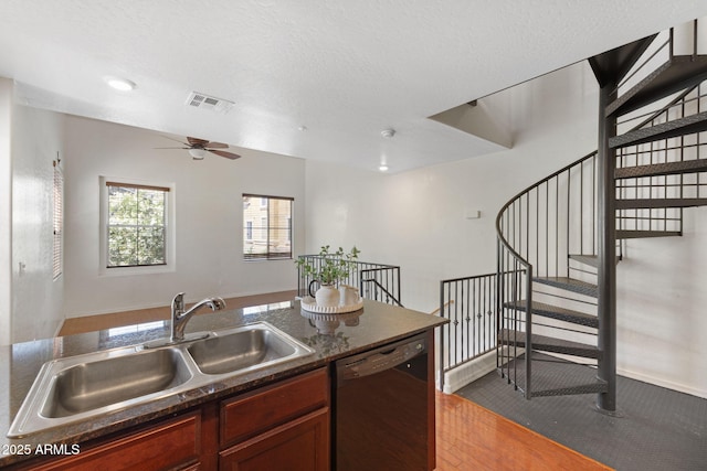753 N Port Dr, Gilbert, AZ 85233 - kitchen with black dishwasher, a sink, a ceiling fan, and wood finished floors