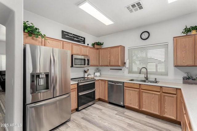 kitchen featuring light countertops, visible vents, appliances with stainless steel finishes, light wood-style floors, and a sink