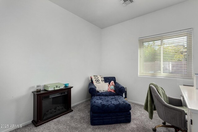 carpeted home office with visible vents and baseboards