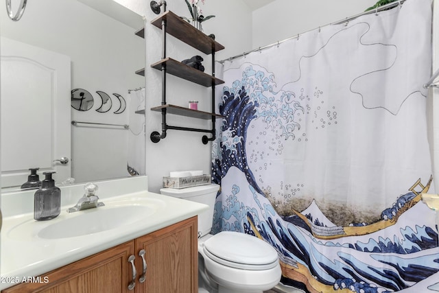 full bath featuring curtained shower, vanity, and toilet