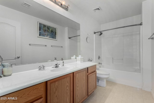bathroom featuring toilet, shower / bathing tub combination, vanity, and visible vents