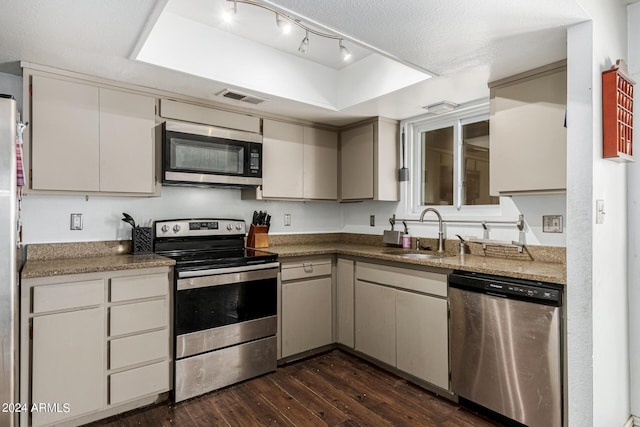 kitchen with sink, a textured ceiling, a tray ceiling, dark hardwood / wood-style flooring, and stainless steel appliances