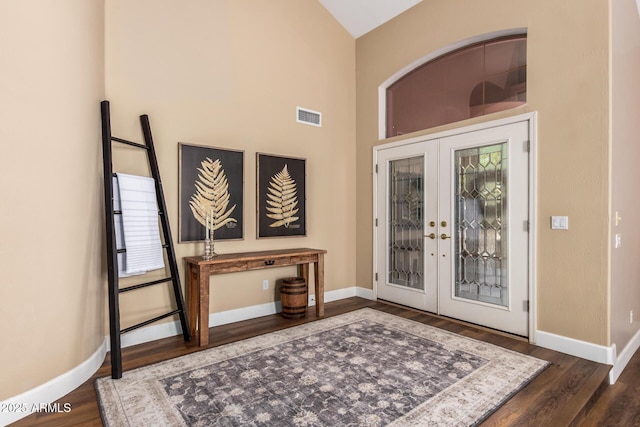 24916 N 80th Ln, Peoria, AZ 85383 - foyer featuring wood finished floors, baseboards, french doors, and high vaulted ceiling