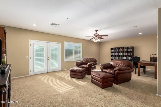 24916 N 80th Ln, Peoria, AZ 85383 - carpeted living area featuring french doors, a ceiling fan, recessed lighting, and baseboards