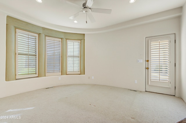 spare room featuring a wealth of natural light, ceiling fan, and carpet floors