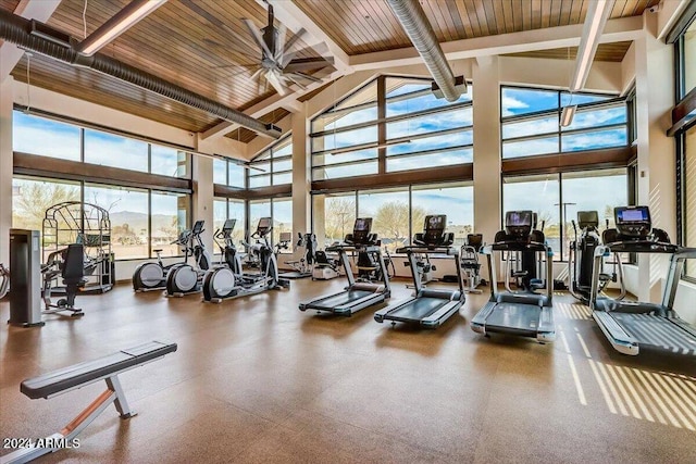 gym with ceiling fan, high vaulted ceiling, and wooden ceiling