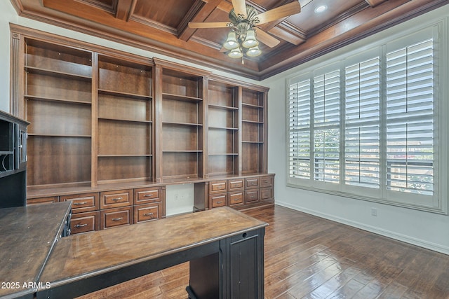 10033 W Jj Ranch Rd, Peoria, AZ 85383 - unfurnished office with built in study area, ceiling fan, crown molding, baseboards, and dark wood-style flooring