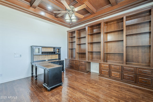 10033 W Jj Ranch Rd, Peoria, AZ 85383 - office space with built in study area, ceiling fan, crown molding, coffered ceiling, and dark wood-style flooring
