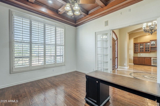 10033 W Jj Ranch Rd, Peoria, AZ 85383 - unfurnished office featuring a ceiling fan, ornamental molding, arched walkways, baseboards, and coffered ceiling