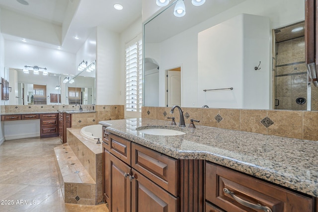 10033 W Jj Ranch Rd, Peoria, AZ 85383 - full bath with vanity, a bath, decorative backsplash, tiled shower, and recessed lighting