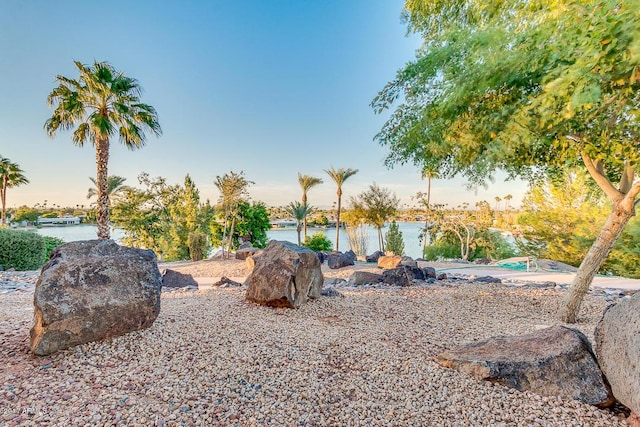 yard at dusk with a water view