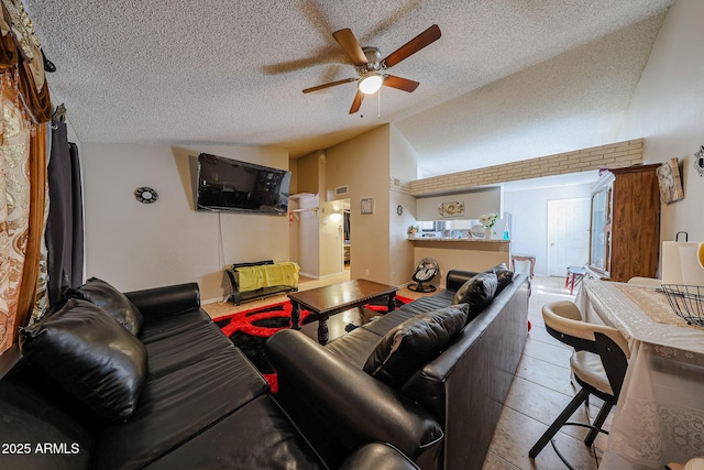 9021 W Mulberry Dr, Phoenix, AZ 85037 - living area with a textured ceiling, ceiling fan, and lofted ceiling