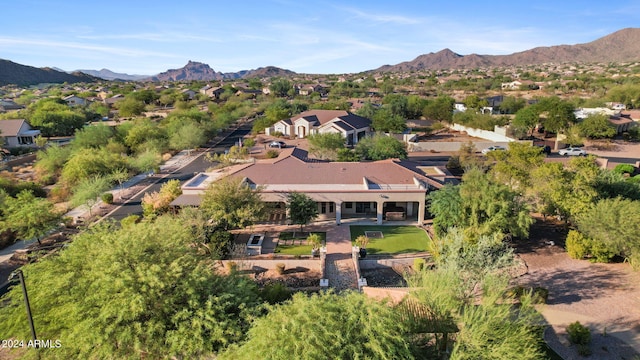 drone / aerial view featuring a mountain view