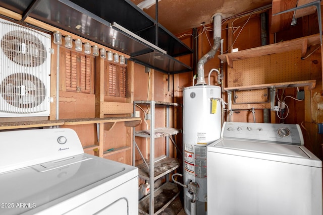 washroom with washing machine and clothes dryer, water heater, and laundry area