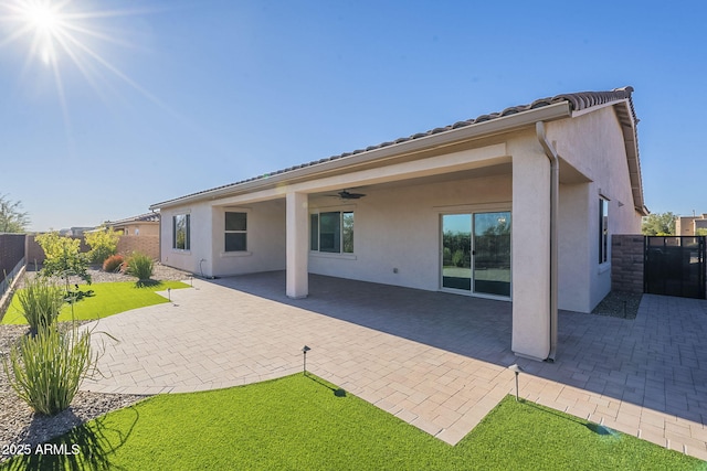 back of property with a yard, a patio area, and ceiling fan