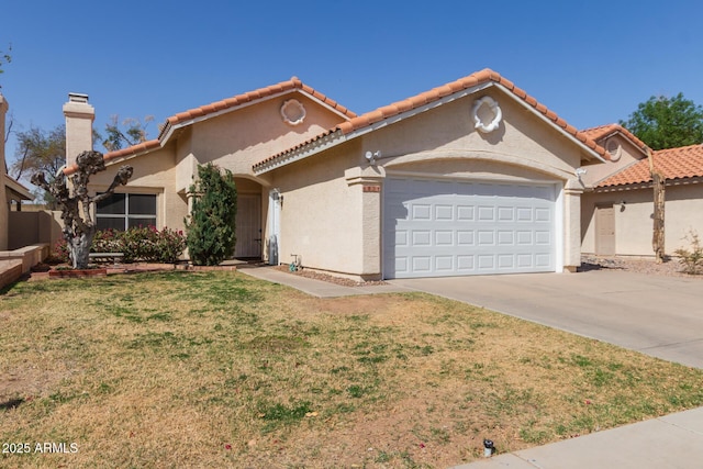 mediterranean / spanish house with stucco siding, driveway, a front yard, a garage, and a chimney