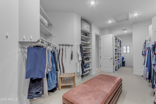 spacious closet featuring carpet flooring and attic access