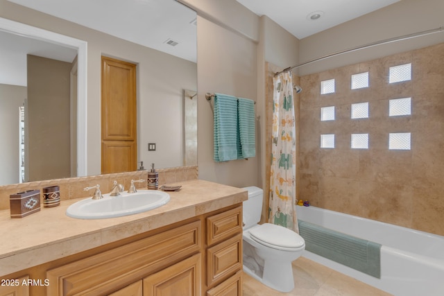 full bath with visible vents, shower / bath combo with shower curtain, toilet, tile patterned flooring, and vanity