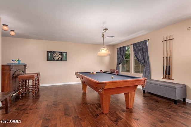 game room with dark wood finished floors, baseboards, and pool table