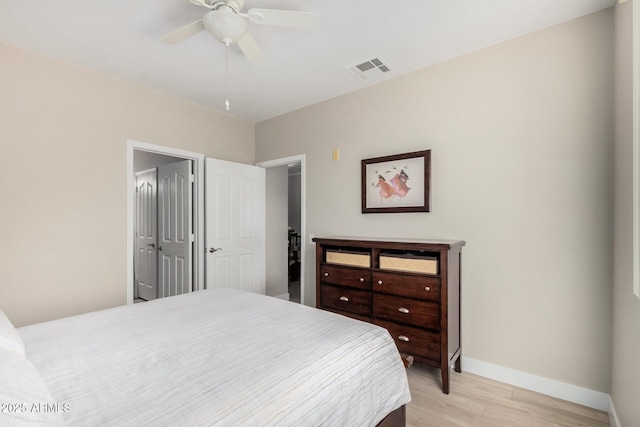 bedroom with ceiling fan and light wood-type flooring