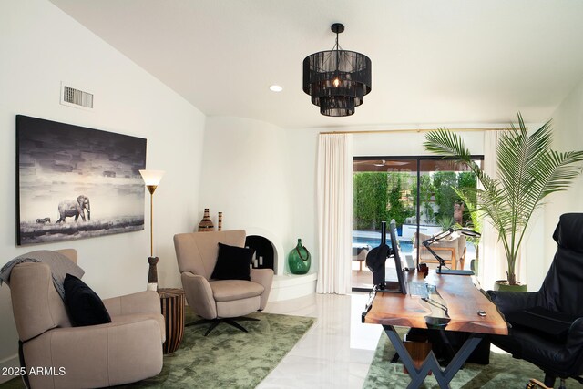 8332 E San Simon Dr, Scottsdale, AZ 85258 - office featuring marble finish floor, a notable chandelier, visible vents, and recessed lighting