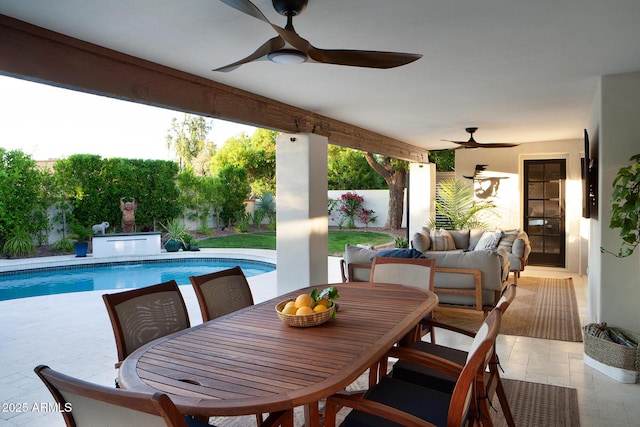 8332 E San Simon Dr, Scottsdale, AZ 85258 - view of patio featuring a ceiling fan, an outdoor hangout area, a fenced in pool, and outdoor dining area