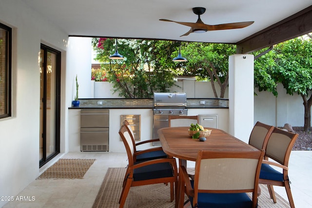 8332 E San Simon Dr, Scottsdale, AZ 85258 - exterior space featuring ceiling fan, a grill, exterior kitchen, and outdoor dining area