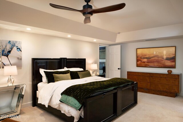 8332 E San Simon Dr, Scottsdale, AZ 85258 - bedroom featuring light carpet, recessed lighting, and visible vents