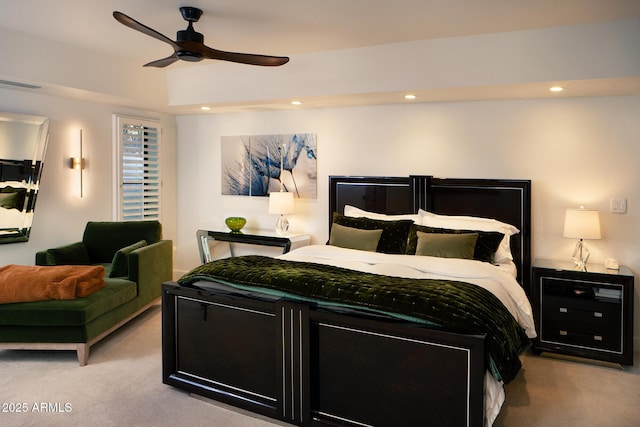 8332 E San Simon Dr, Scottsdale, AZ 85258 - bedroom featuring visible vents, a ceiling fan, carpet, and recessed lighting
