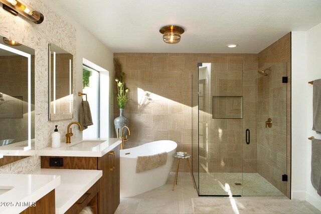 8332 E San Simon Dr, Scottsdale, AZ 85258 - bathroom with a sink, two vanities, a freestanding bath, and a stall shower