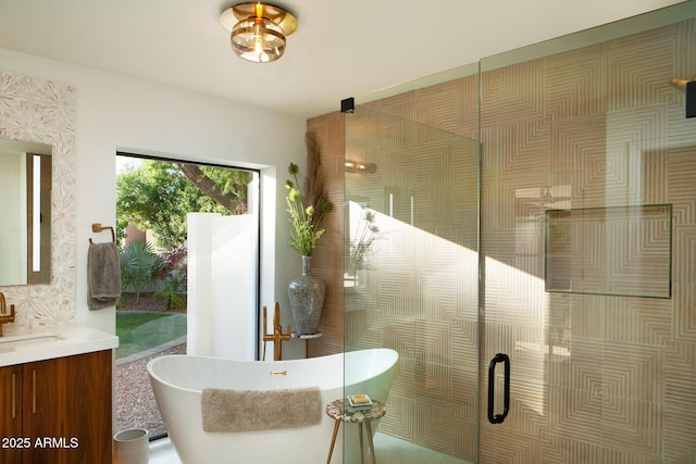 8332 E San Simon Dr, Scottsdale, AZ 85258 - bathroom with a shower with shower door, a freestanding tub, and vanity