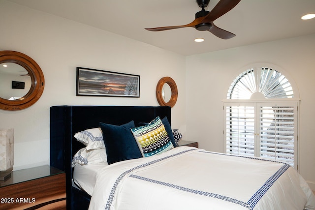 8332 E San Simon Dr, Scottsdale, AZ 85258 - bedroom featuring wood finished floors, ceiling fan, and recessed lighting