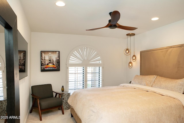 8332 E San Simon Dr, Scottsdale, AZ 85258 - bedroom featuring ceiling fan, recessed lighting, and light colored carpet