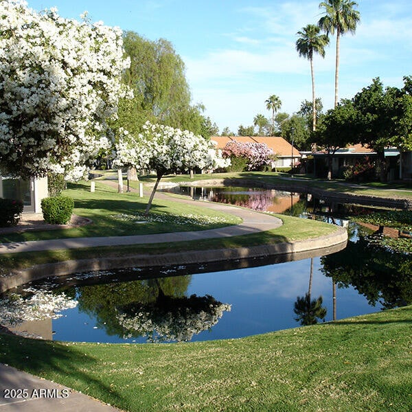 view of community featuring a water view and a lawn