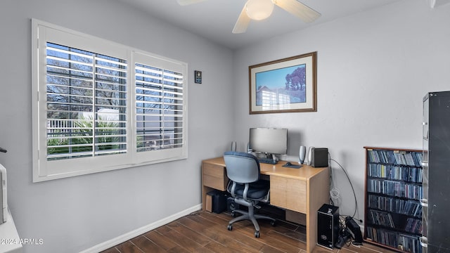 office space featuring ceiling fan and dark hardwood / wood-style floors