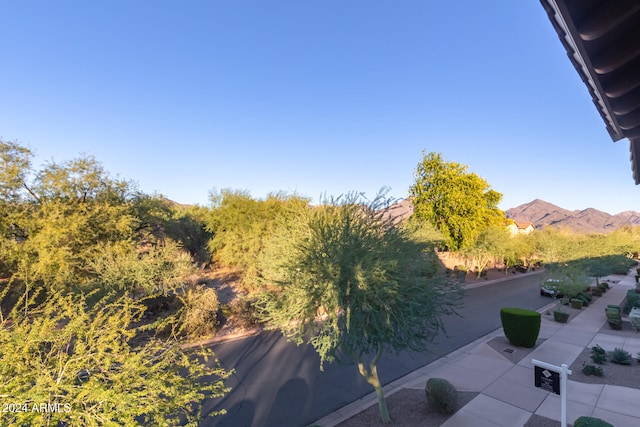 view of yard featuring a patio and a mountain view