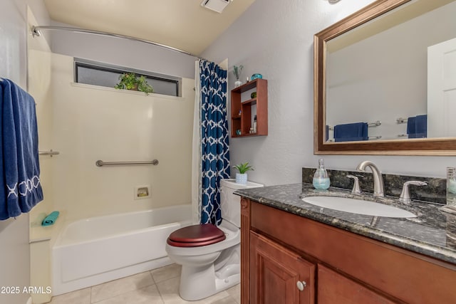 full bathroom with shower / tub combo with curtain, visible vents, toilet, vanity, and tile patterned flooring