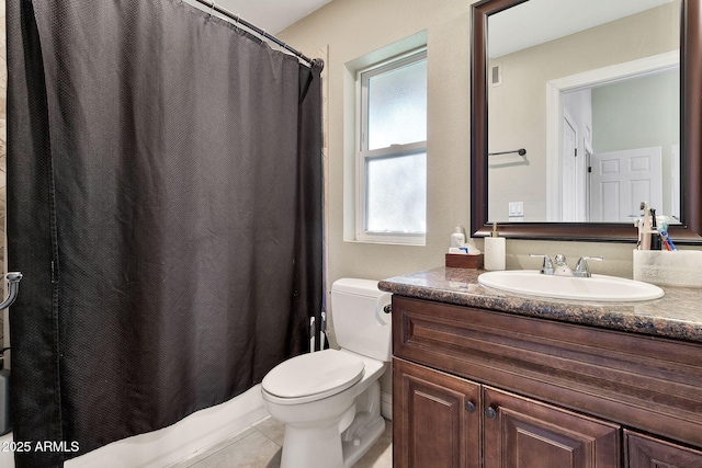 bathroom with toilet, tile patterned floors, a shower with shower curtain, and vanity