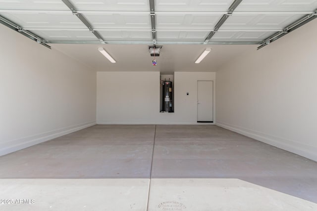 garage with water heater, baseboards, and a garage door opener