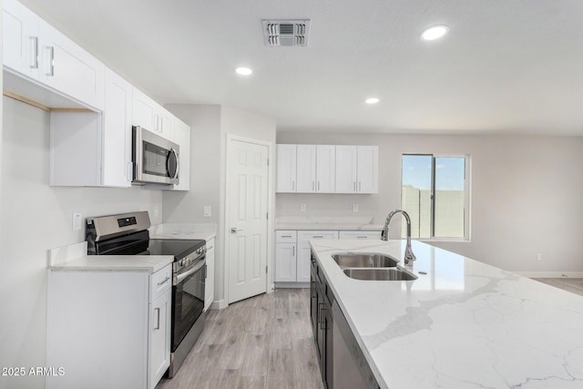 kitchen featuring stainless steel appliances, a sink, visible vents, white cabinets, and light stone countertops