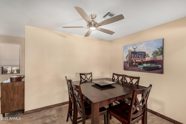 dining space featuring a ceiling fan, visible vents, and baseboards