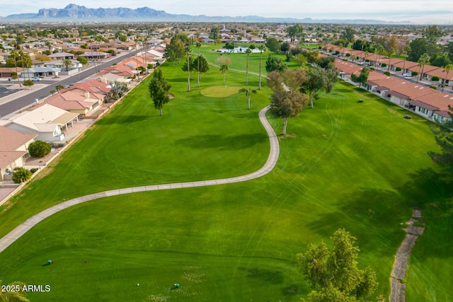 birds eye view of property featuring a residential view, a mountain view, and golf course view