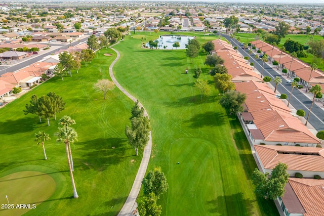 bird's eye view featuring golf course view and a residential view