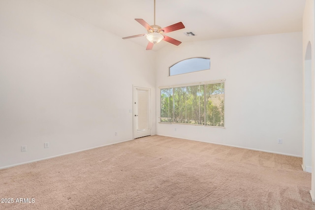 29900 N Maravilla Dr, San Tan Valley, AZ 85143 - carpeted spare room featuring high vaulted ceiling, visible vents, and ceiling fan