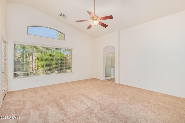 29900 N Maravilla Dr, San Tan Valley, AZ 85143 - spare room with a ceiling fan, visible vents, carpet, high vaulted ceiling, and arched walkways