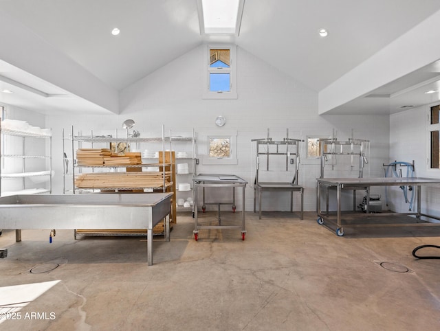 miscellaneous room with vaulted ceiling with skylight and concrete flooring