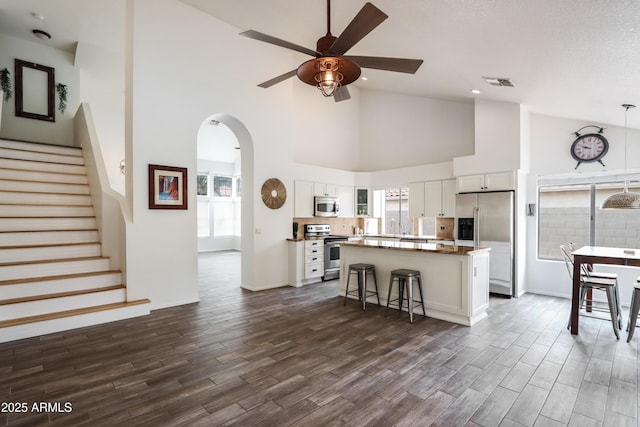 kitchen featuring stainless steel appliances, ceiling fan, a kitchen island, dark wood finished floors, and high vaulted ceiling