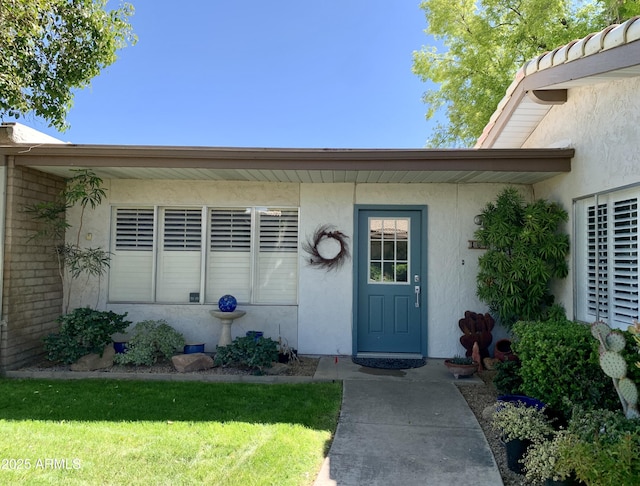 doorway to property with stucco siding and a yard