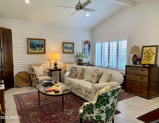 living area with a ceiling fan, light wood-style floors, beamed ceiling, recessed lighting, and brick wall