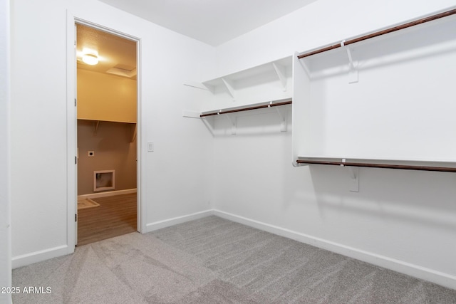 walk in closet with light carpet